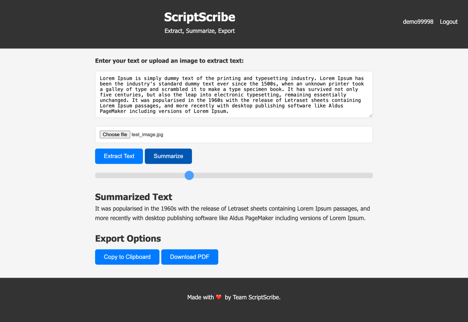 Summary with export options